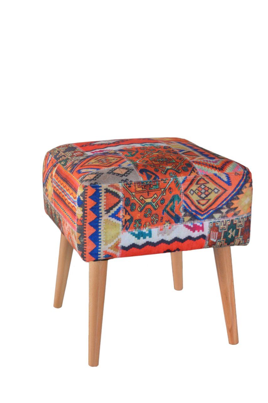 Tommy Kare Puf Turuncu Kilim Desenli