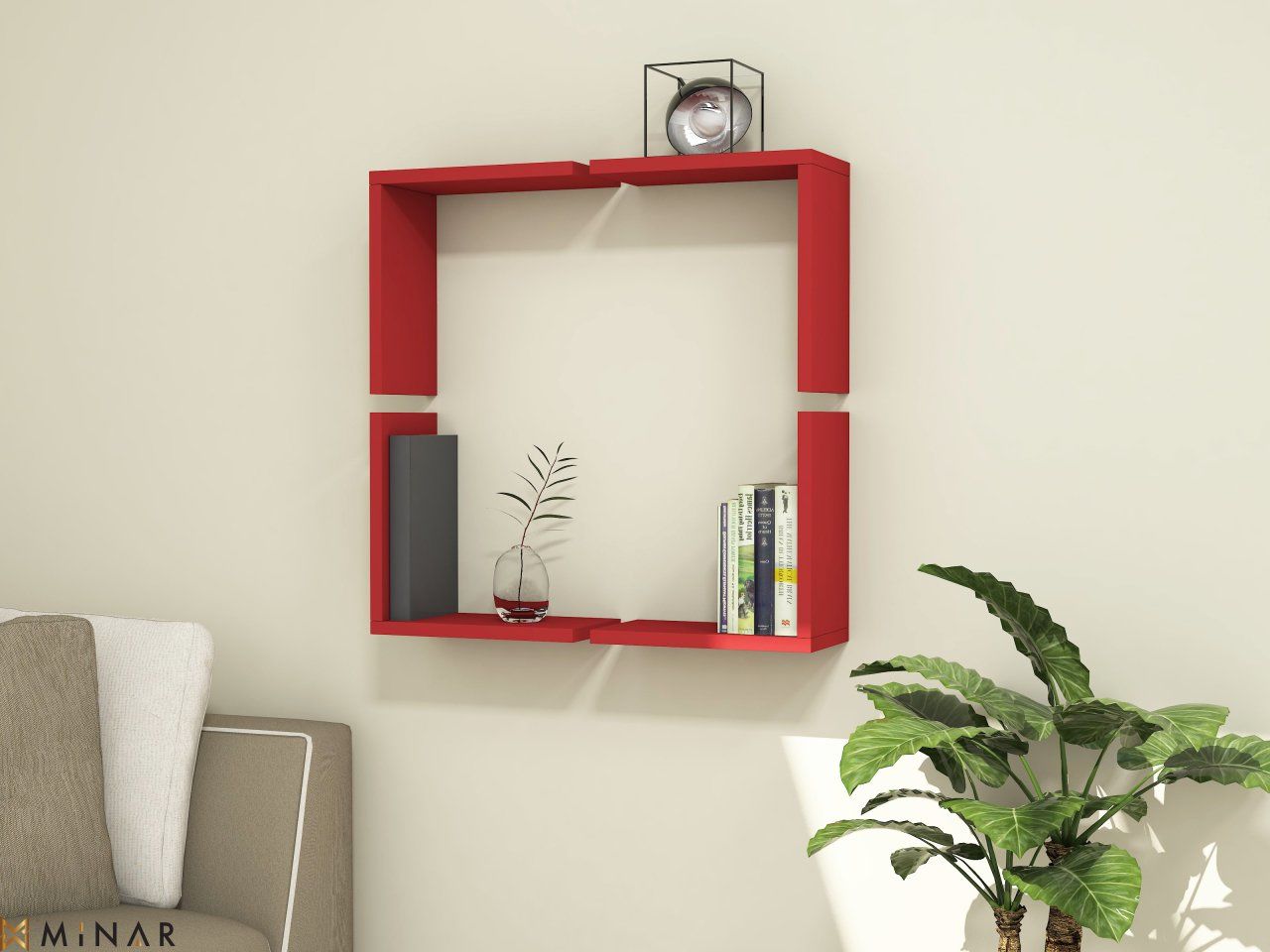 Minar Alfa Box Dekoratif Duvar Rafı Kırmızı