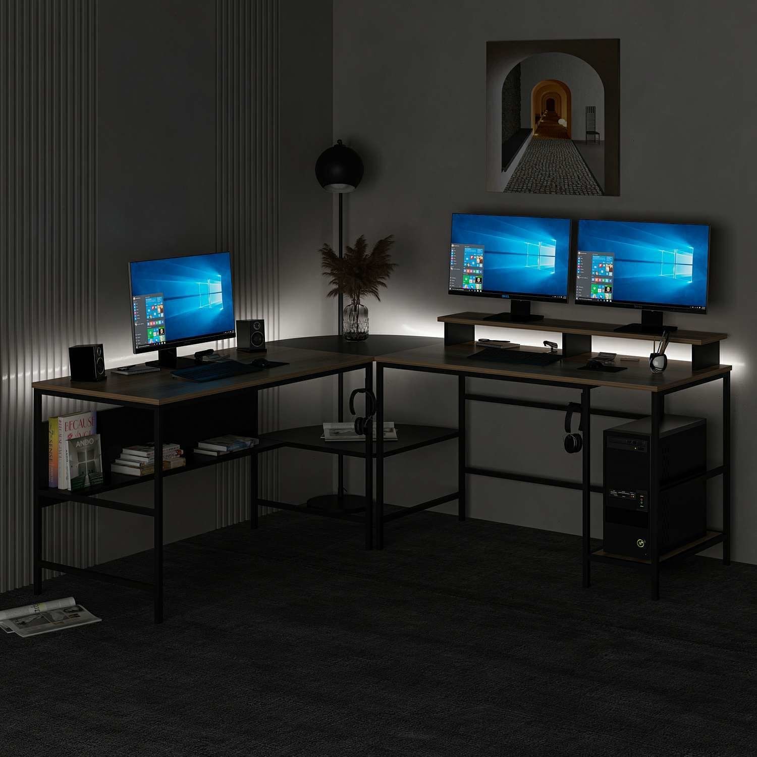 Minar Greta RGB Led Işıklı L Köşe Çalışma Masası - Dore/Siyah