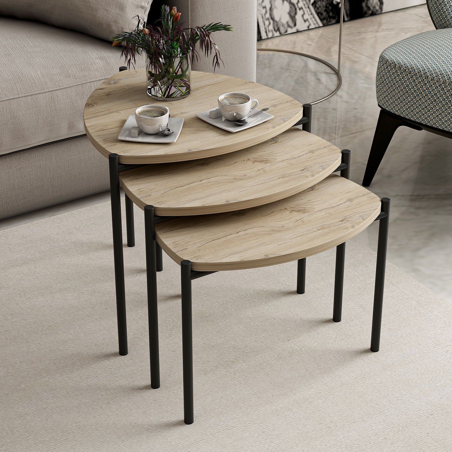 Minar Lenny 3 lü Metal Ayaklı Zigon Sehpa - Senza