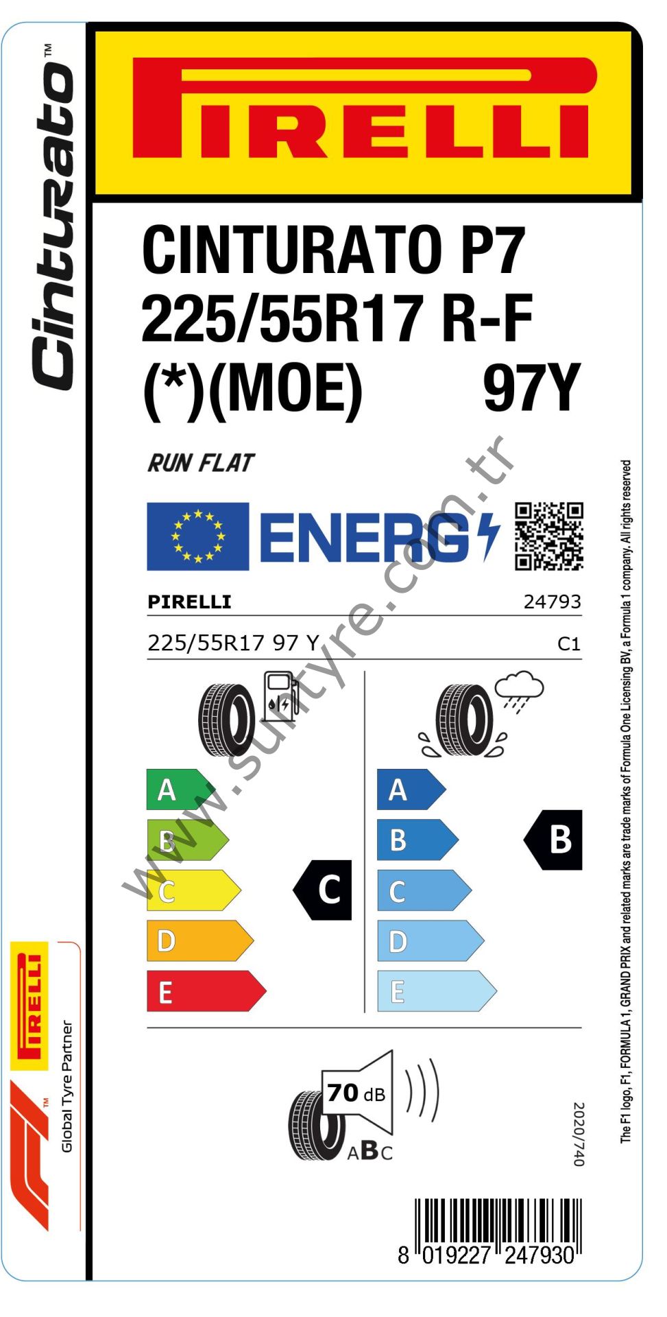 Pirelli 225/55R17 97Y Rft P7 Cınturato * Moe C-B-70 Yaz Oto Lastiği (Üretim Yılı: 2022)