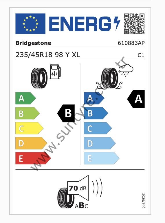 Bridgestone 235/45R18 98Y Xl Turanza 6 B-A-70 Yaz Oto Lastiği (Üretim Yılı: 2024)