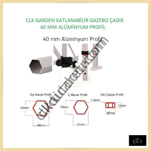 CLK 1,5x1,5 mt 40mm Alüminyum Katlanabilir Tente Gazebo Çadır 4 Yan Kapalı 3 Yarım Duvarlı Çadır