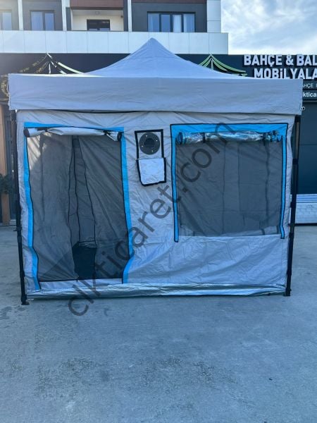 CLK 3x3 30 mm Profil Katlanır Gazebo Portatif Kamp Çadır Açık Gri Mavi Detaylı