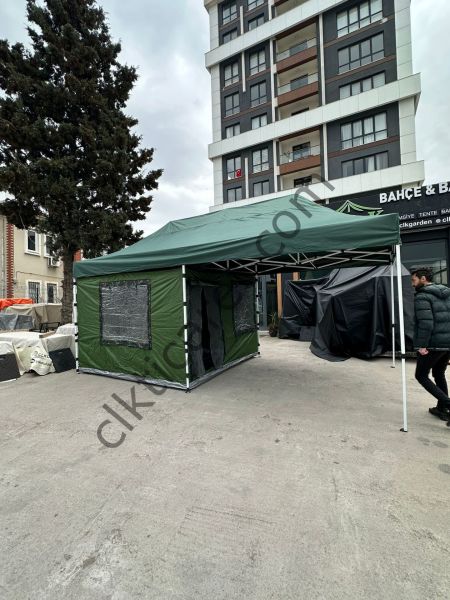 CLK 3x6 Verendalı 40 mm Profil Portatif Katlanır Gazebo Kamp Çadır Yeşil Haki Askeri Yeşil