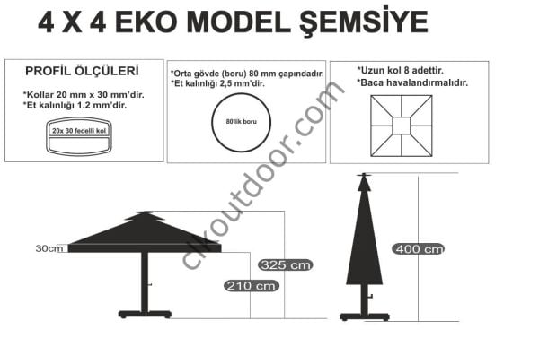 CLK 4x4 Metre Saçaklı Eko Model Krank Sistem Teleskopik Şemsiye Q80 Profil Akrilik (İthal) - Metal Hareketli Ayak 4 Mermerli (80x80cm 160 kg) - Siyah