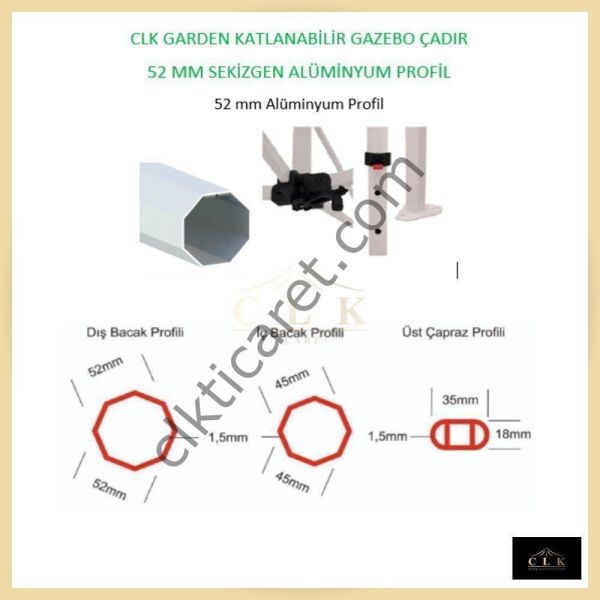 CLK 4x4 52mm Kalın Alüminyum Katlanabilir Tente Gazebo Çadır 2 Yan Pencereli 1 Yan Aksesuarsız 1 Yan Kapılı