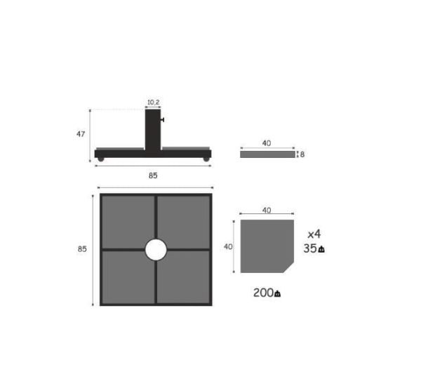 CLK 4x4 Metre Saçaklı LUX Model Krank Sistem Teleskopik Şemsiye Q90 Profil Siyah - Metal Hareketli Ayak 4 Mermerli (80x80cm 160 kg)