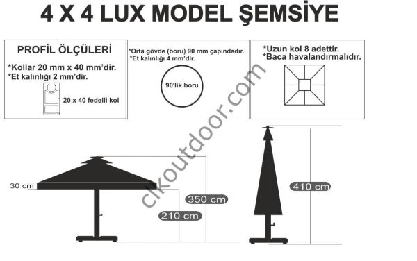 CLK 4x4 Metre Saçaklı LUX Model Krank Sistem Teleskopik Şemsiye Q90 Profil Siyah - Metal Hareketli Ayak 4 Mermerli (80x80cm 160 kg)