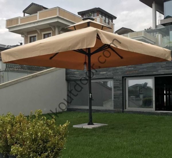CLK 4x4 Metre Saçaklı LUX Model Krank Sistem Teleskopik Şemsiye Q90 Profil Siyah - Metal Hareketli Ayak 4 Mermerli (80x80cm 160 kg)