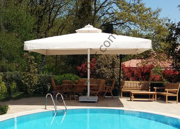 CLK 4x4 Metre Saçaklı LUX Model Krank Sistem Teleskopik Şemsiye Q90 Profil Siyah - Metal Hareketli Ayak 4 Mermerli (80x80cm 160 kg)