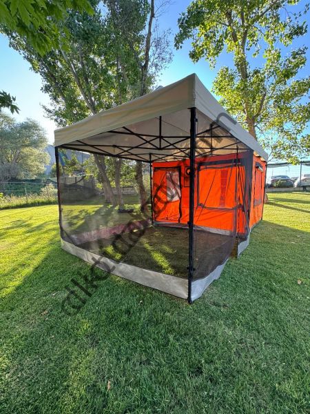 CLK 3x6 30 mm Yeni Sistem 4 Pencere 2 Kapılı Verendalı Portatif Katlanabilir Gazebo Kamp Çadırı Sarı