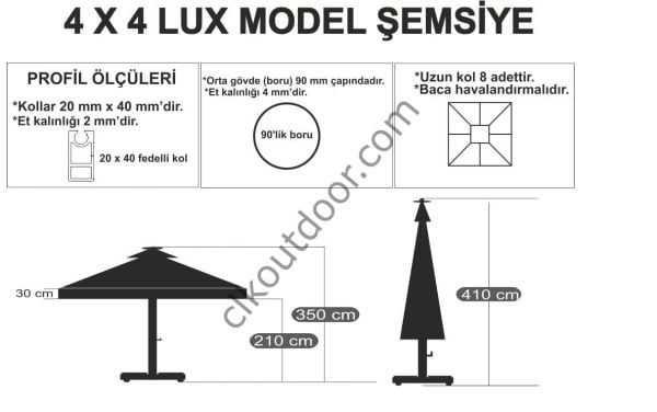 CLK 4x4 Metre Saçaklı LUX Model Krank Sistem Teleskopik Şemsiye Q90 Profil Siyah - Flanş