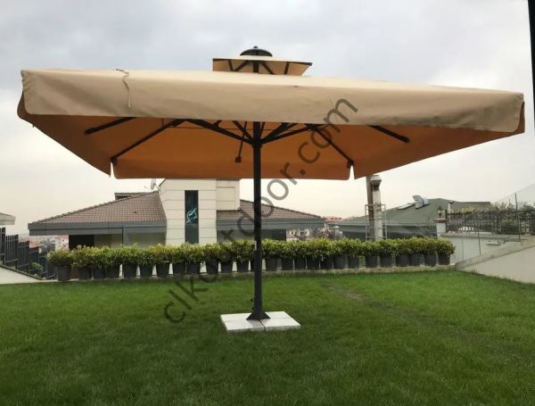 CLK 4x4 Metre Saçaklı LUX Model Krank Sistem Teleskopik Şemsiye Q90 Profil Siyah - Flanş