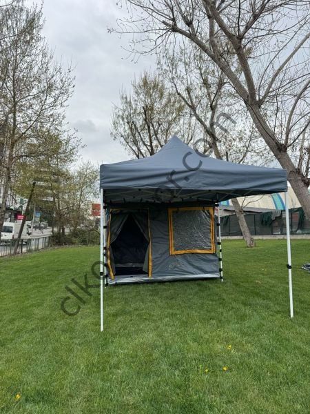 CLK 3x6 Yeni Sistem 4 Pencere 2 Kapılı Verendalı 40 mm Profil Katlanır Portatif Gazebo Kamp Çadır Gri Turuncu
