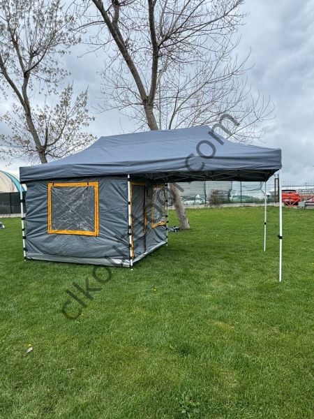 CLK 3x6 Yeni Sistem 4 Pencere 2 Kapılı Verendalı 40 mm Profil Katlanır Portatif Gazebo Kamp Çadır Gri Turuncu