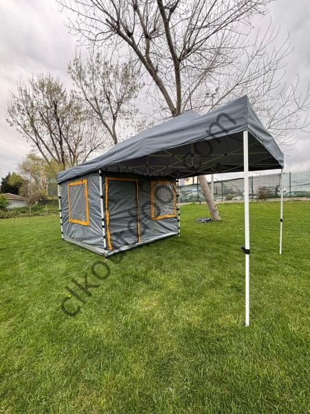 CLK 3x6 Yeni Sistem 4 Pencere 2 Kapılı Verendalı 40 mm Profil Katlanır Portatif Gazebo Kamp Çadır Gri Haki Askeri Yeşil