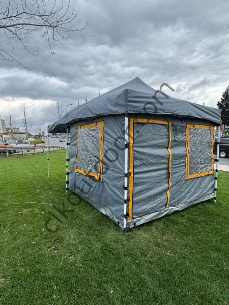 CLK 3x6 Yeni Sistem 4 Pencere 2 Kapılı Verendalı 40 mm Profil Katlanır Portatif Gazebo Kamp Çadır Gri Haki Askeri Yeşil