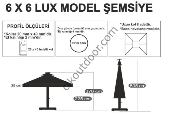 CLK 6x6 Metre Saçaklı LUX Model Krank Sistem Teleskopik Şemsiye Q90 Profil