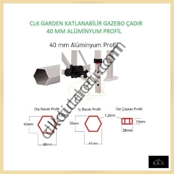 CLK 2x4 mt 40mm Alüminyum Katlanabilir Tente Gazebo Çadır 3 Yan Kapalı
