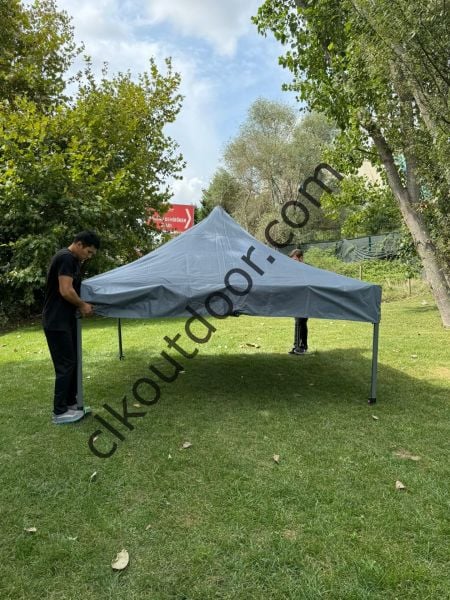CLK 3x3 mt Yeni Nesil 2 Kapı 4 Pencere 40 mm Kısa Bagaj Boy 115 cm Gazebo Portatif Kamp Çadırı Gri Beyaz