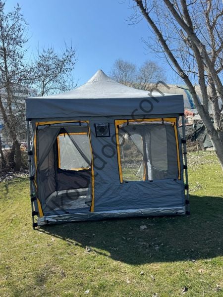 CLK 3x3 mt Yeni Nesil 2 Kapı 4 Pencere 40 mm Kısa Bagaj Boy 115 cm Gazebo Portatif Kamp Çadırı Gri Beyaz