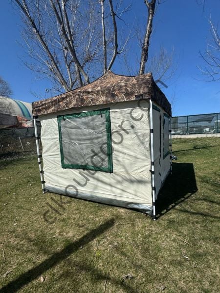 CLK 3x3 mt Yeni Nesil 2 Kapı 4 Pencere 40 mm Kısa Bagaj Boy 115 cm Gazebo Portatif Kamp Çadırı Krem Saks Mavi