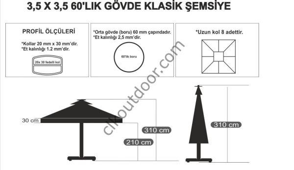 CLK 3,5x3,5 Metre Bacalı Mega Q60 Şemsiye Bahçe Cafe Havuz Otel Restorant Şemsiyeleri Krem - Metal Hareketli Ayak 4 Mermerli (70x70cm 120 kg)