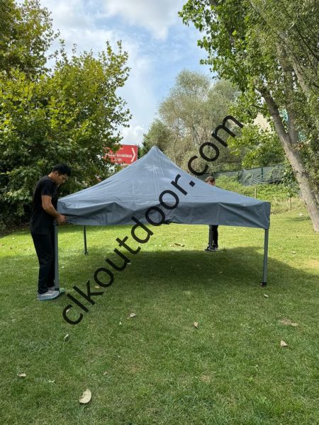 CLK 3x3 mt Yeni Nesil 2 Kapı 4 Pencere TENTELİ 40 mm Kısa Bagaj Boy 115 cm Gazebo Portatif Kamp Çadırı Gri Kırmızı