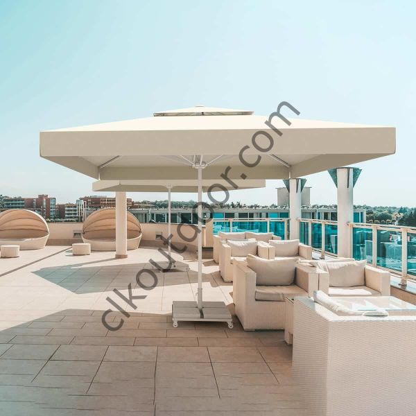 CLK 3,5x3,5 Metre Bacalı Mega Q60 Şemsiye Bahçe Cafe Havuz Otel Restorant Şemsiyeleri Sarı - Metal Hareketli Ayak 4 Mermerli (70x70cm 120 kg)