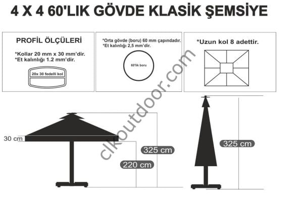 CLK 4x4 Metre Bacalı Mega Q60 Şemsiye Bahçe Cafe Havuz Otel Restorant Şemsiyeleri Turuncu - Metal Hareketli Ayak 4 Mermerli (70x70cm 120 kg)