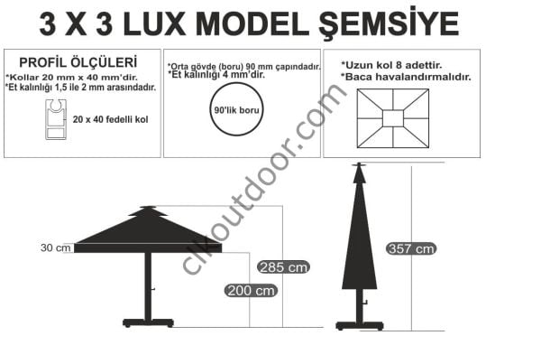 CLK 3x3 Metre Saçaklı LUX Model Krank Sistem Teleskopik Şemsiye Q90 Profil Siyah - Metal Hareketli Ayak 4 Mermerli (80x80cm 160 kg)