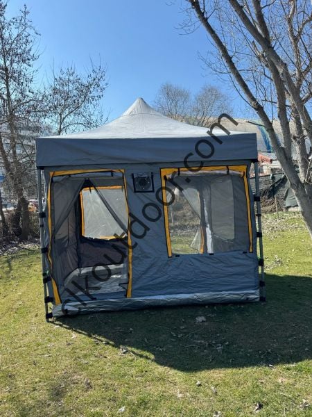 CLK 3x3 mt 40 mm İskelet Yeni Nesil 2 Kapı 4 Pencere Gazebo Portatif Kamp Çadırı Gri