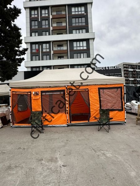 CLK 3x6 Metre 2 Odalı 40 mm Profil Portatif Katlanır Gazebo Kamp Çadır Turuncu