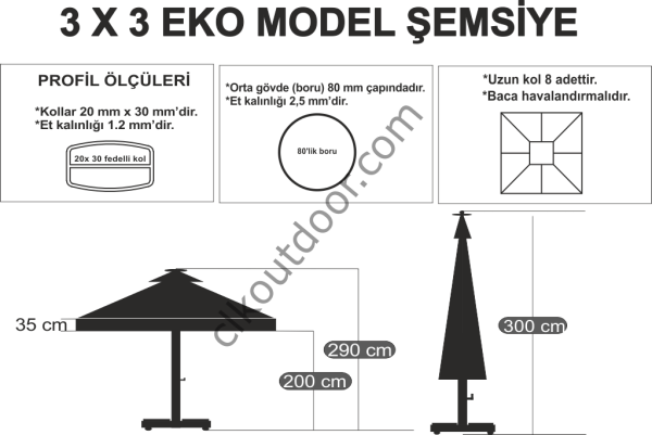 CLK 3x3 Metre Saçaklı Eko Model Krank Sistem Teleskopik Şemsiye Q80 Profil Akrilik (İthal) - Flanş - Siyah