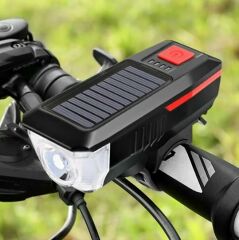 Güneş Enerjili Usb Şarjlı Bisiklet Lambası Solar Fener Ön Far Işık Aydınlatma Kornalı Mavi
