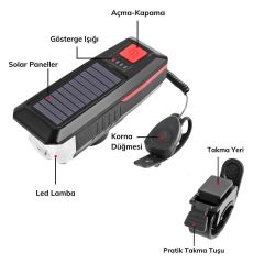 Forte Gt Solar Enerjili Usb Şarjlı Led Far Kornalı Ve Su Geçirmez Bisiklet Feneri Yeşil