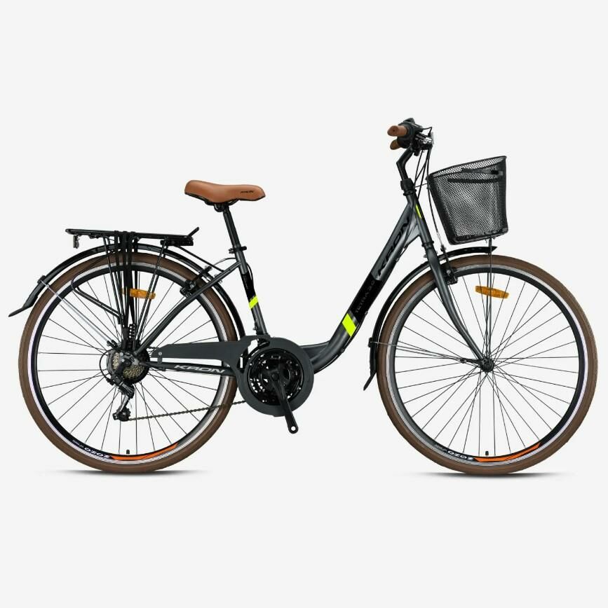 Kron Tetra 3.0 26'' Jant Sepetli Şehir Bisikleti 15' Kadro 21 Vites V-Fren Mat Füme Siyah Neon Sarı