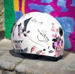 Sway 715 Şeffaf Vizörlü Yarım Motosiklet Scooter Kaskı XS Beden Iris White Pink