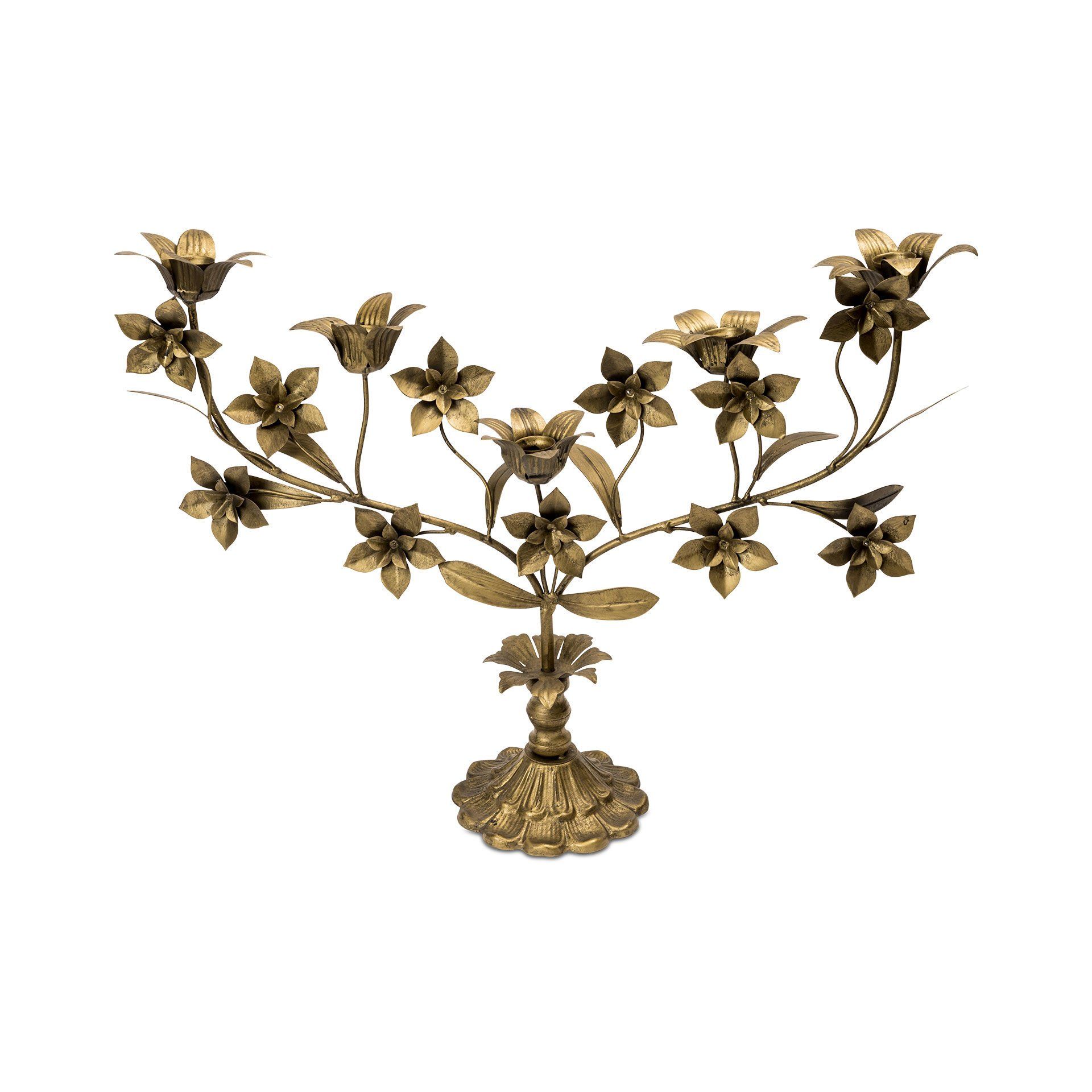Antik Altın Detaylı Çiçek Motifli Beş Kollu Şamdan