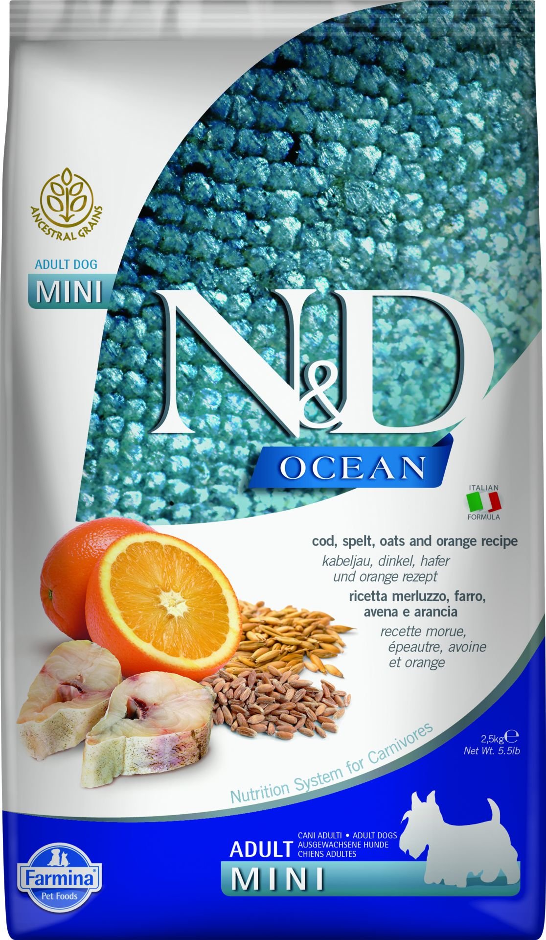 N&D Ocean Düşük Tahıllı Morina Balık Portakal Mini Adult Köpek Maması 2,5 Kg