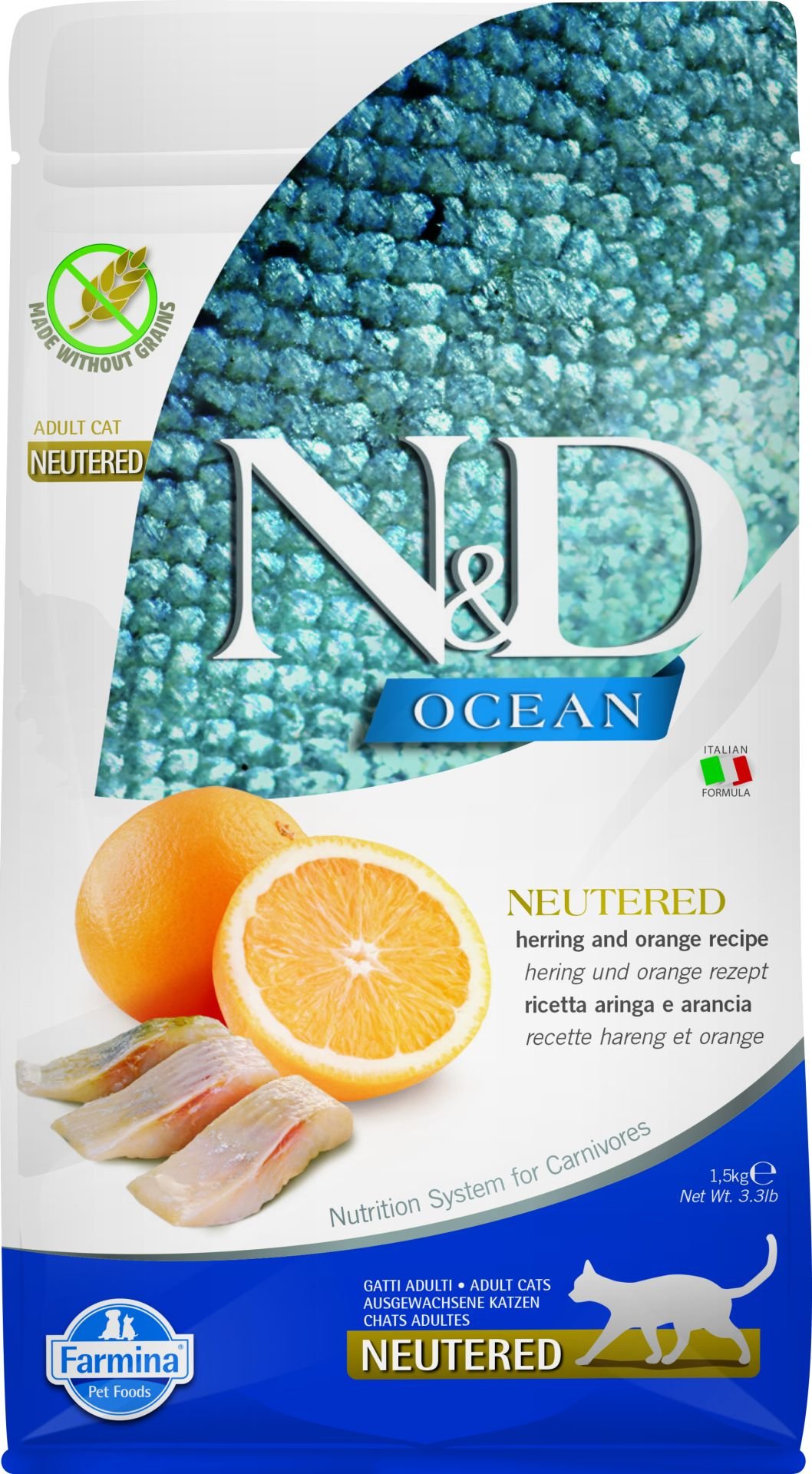 N&D Ocean Ringa Balıklı Portakallı Kısırlaştırılmış Kedi Maması 1,5 Kg