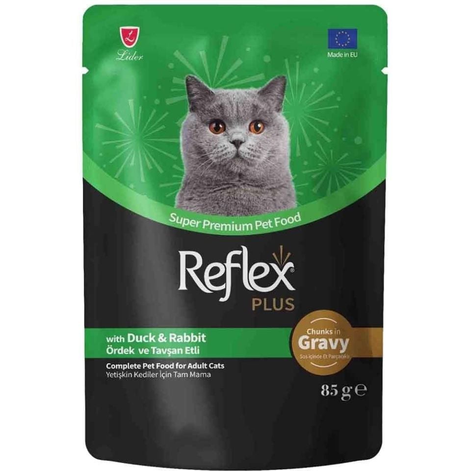 Reflex Plus Sos İçinde Et Parçacıklı Ördekli Tavşanlı Yetişkin Kedi Maması 85 G