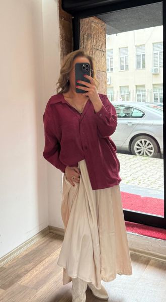 Kırışık Görünümlü Pamuk Saten Etek  Bej