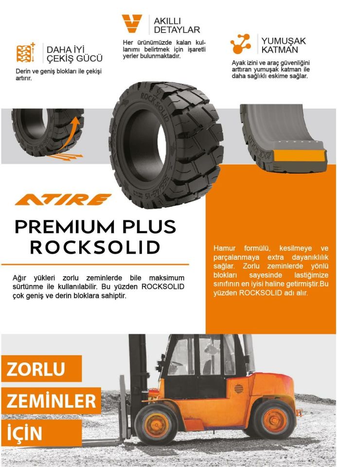 Atire Segmanlı Premium Plus Rock Solid İz Bırakmayan Dolgu Forklift Lastiği