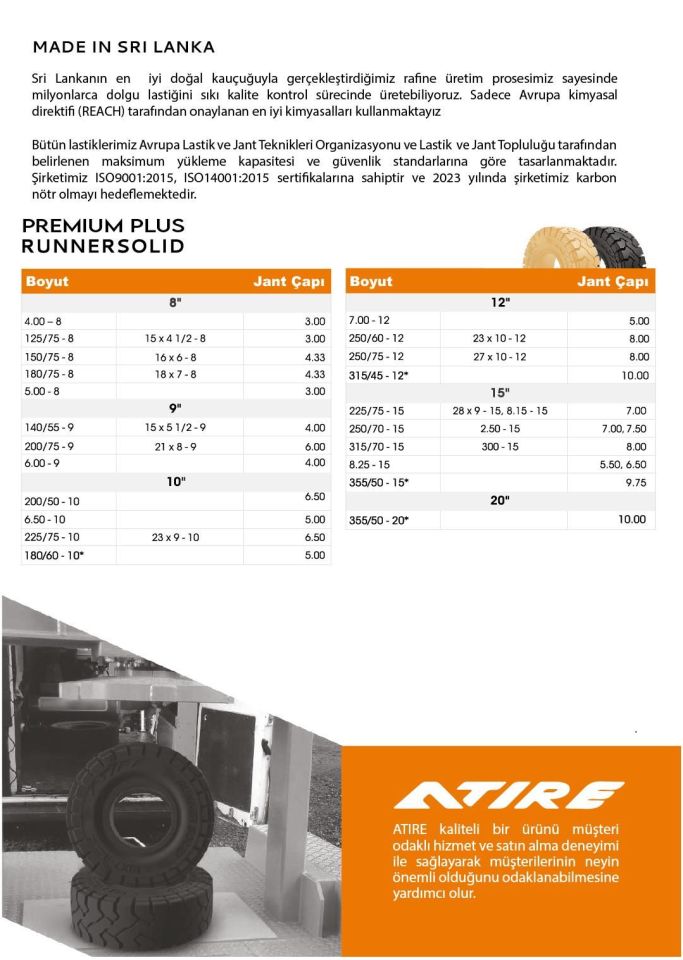 Atire Segmanlı Premium Plus Runner Solid İz Bırakmayan Dolgu Forklift Lastiği