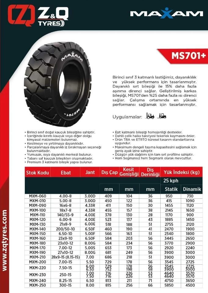 Maxam MS701+ TR Segmanlı Siyah Dolgu Forklift Lastiği