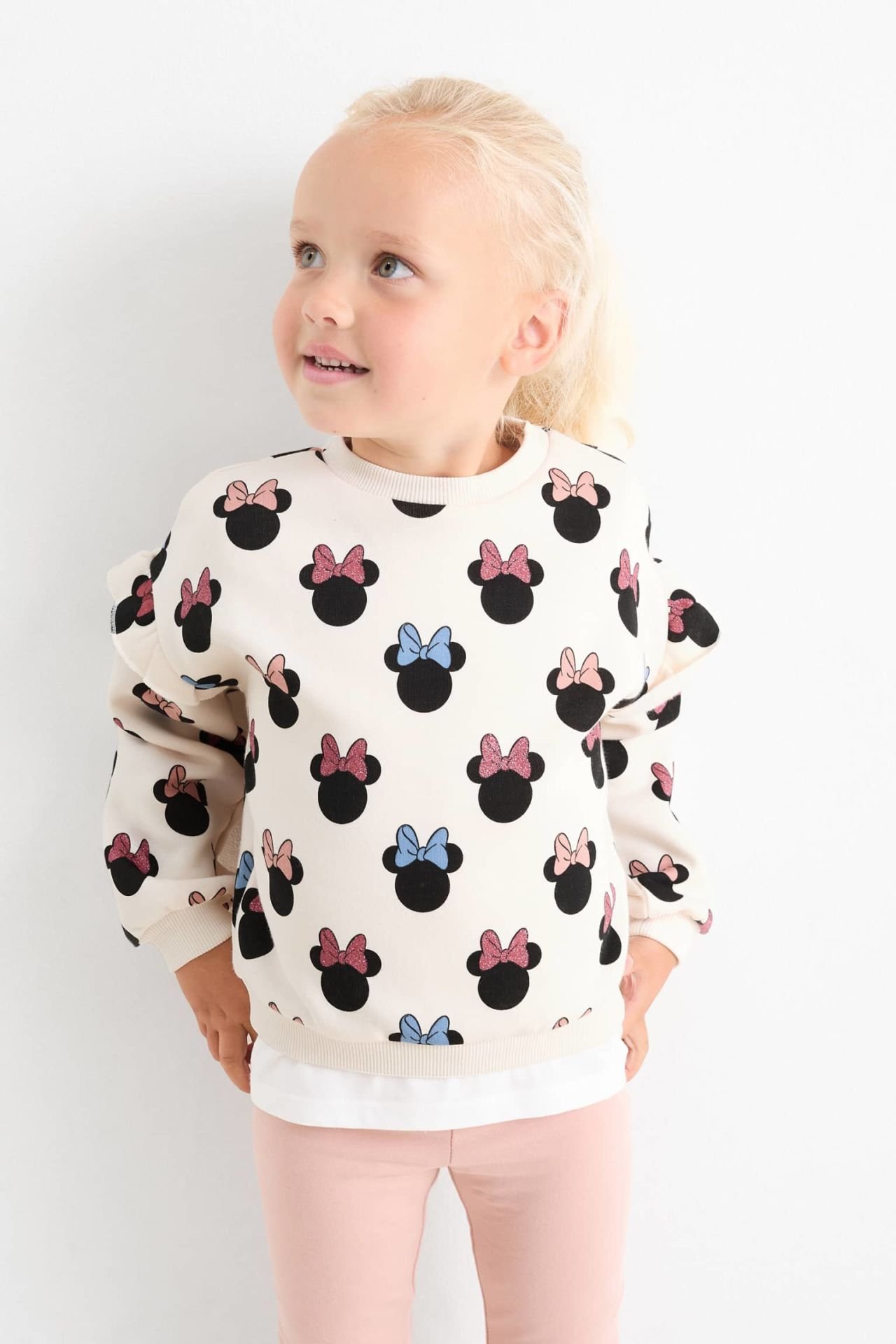 Yeni Sezon Kız Çocuk Minnie Mouse Baskılı Pamuklu Sweatshirt ve Fitilli Taytlı Alt-Üst Takım