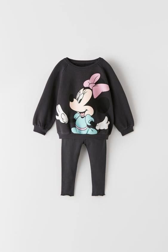 Yeni Sezon Kız Çocuk Minnie Mouse Baskılı Pamuklu Sweatshirt ve Fitilli Taytlı Alt-Üst 2'li Takım