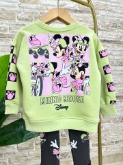 Yeni Sezon Kız Çocuk Minnie Mouse Baskılı Pamuklu Neon Renkli Alt-Üst Fitilli Taytlı Takım